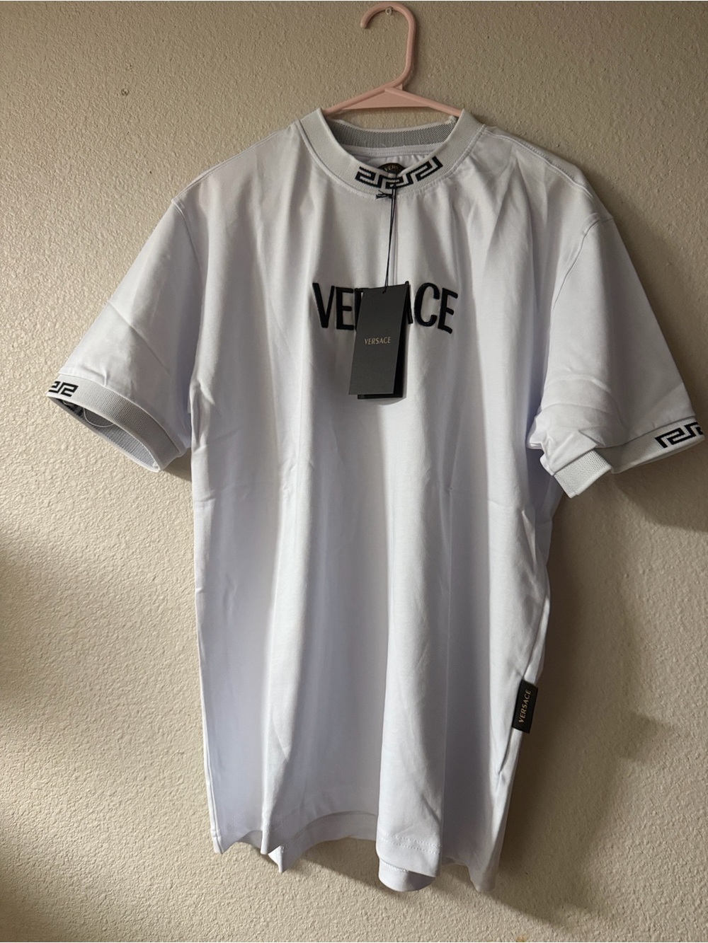 Versace White Short Sleeve Logo Tee with Black Greek Key Trim